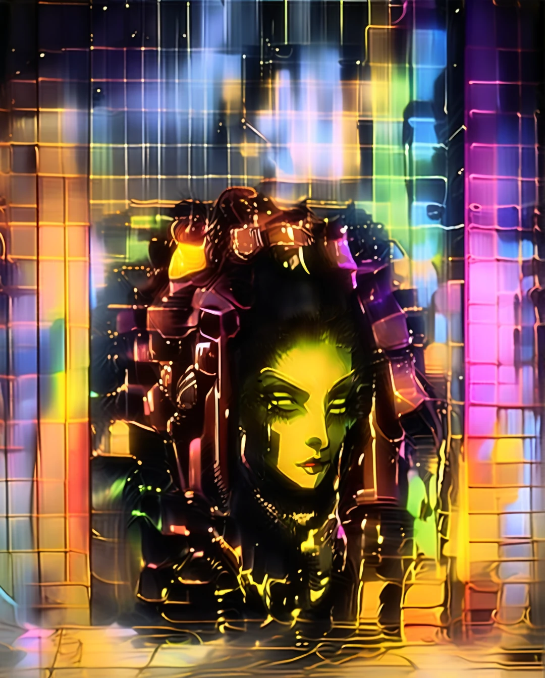 In a neon-lit cyberpunk space setting, a figure emerges clad in a sleek yellow jumpsuit, designed with a distinct art style reminiscent of Yoshiaki Kawajiri. The scene is portrayed in a vivid and elaborate digital painting, showcasing sharp edges and dynamic colors. The jumpsuit gleams with metallic sheen, accentuating the mysterious allure of the character. Every detail, from the sleek contours to the intricate patterns, contributes to the image's captivating and high-quality execution, drawing viewers into a futuristic world of intrigue and sophistication.