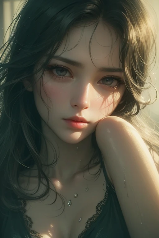 Sensual woman、Beautifully detailed eyes、Beautifully detailed lips、Highly detailed face、Long eyelashes、Graceful appearance、Gothic dresses、Soft lighting、Dramatic Shadows、A calming color palette、Cinematic composition、Photorealistic、(Highest quality) 、4K、8K、High Resolution、masterpiece:1.2)、Super detailed、(Real、Photorealistic、Photorealistic:1.37)、レースのパンツ、sit、sensual pose、bold pose、The skin is damp、Sweating、
masochist、blush、Embarrassed、Expressions of ecstasy、Spreading legs with hands、Distorted facial expressions、Tears are flowing、Heavily wet