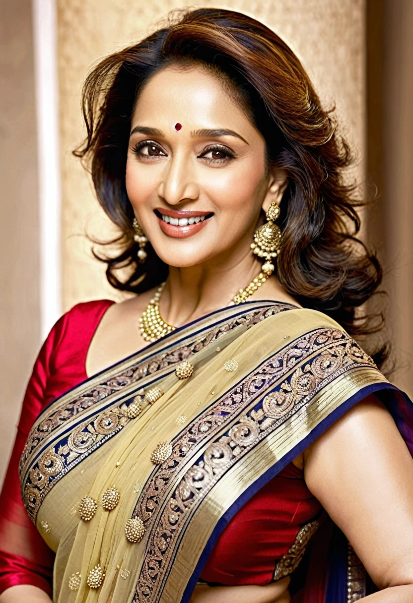 Madhuri Dixit Nene is known for her graceful and captivating appearance. She stands at 5 feet 4 inches tall (163 cm) with a slim physique. Her body measurements are reported as 36 inches (91 cm) for the bust, 27 inches (69 cm) for the waist, and 35 inches (89 cm) for the hips. She has a slim body type with a medium to fair complexion and a warm undertone.
Facially, Madhuri Dixit is distinguished by her classic Indian beauty. She has dark brown eyes that are large and expressive, complemented by well-defined eyebrows that are usually arched. Her nose is medium-sized with a gentle curve, and she is known for her full, smiling lips. Madhuri's hair, naturally dark brown to black, is often styled in soft waves or curls, framing her face elegantly.
Overall, Madhuri Dixit's facial features exude a blend of grace and charm, which have contributed to her status as one of Bollywood's most iconic and beloved actresses.Madhuri Dixit Nene has a heart-shaped face cut. Her facial structure is characterized by a wider forehead that narrows down to a gently pointed chin, which is typical of heart-shaped faces. This face shape enhances her facial features, contributing to her elegant and timeless appearance on screen.Madhuri Dixit is known for maintaining a slim and toned physique throughout her career. Reports indicate her waist measurement is approximately 27 inches (69 cm), which is considered slender and proportionate to her overall body type. Therefore, she is not described as having a chubby waist.Madhuri Dixit Nene was born on May 15, 1967, which makes her currently 57 years old as of 2024.
As for her bra size, it is reported to be 36B.Madhuri Dixit Nene's shoe size is generally reported to be US 8 (EU 38-39).
