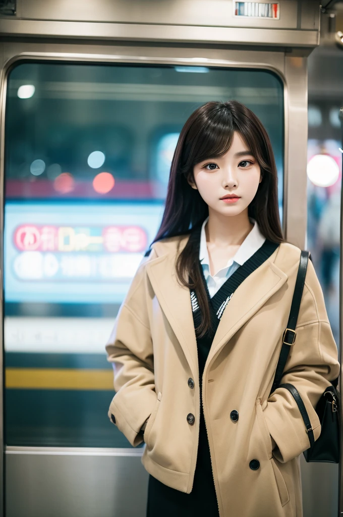 Cinematic photo of beautiful Korean fashion model in bokeh train