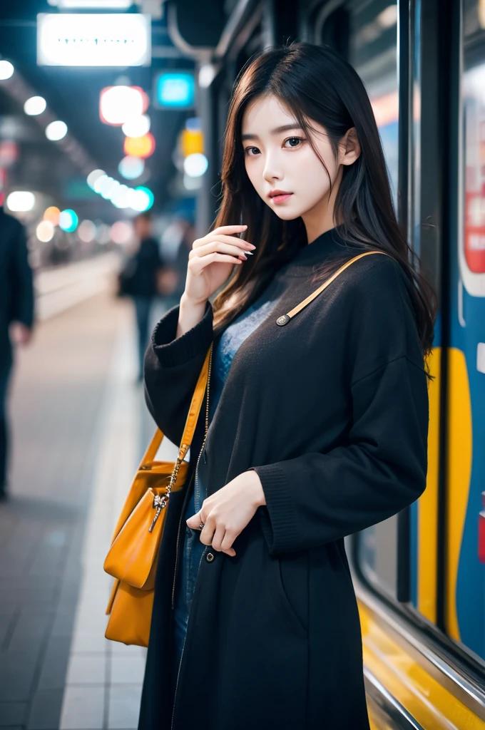 Cinematic photo of beautiful Korean fashion model in bokeh train