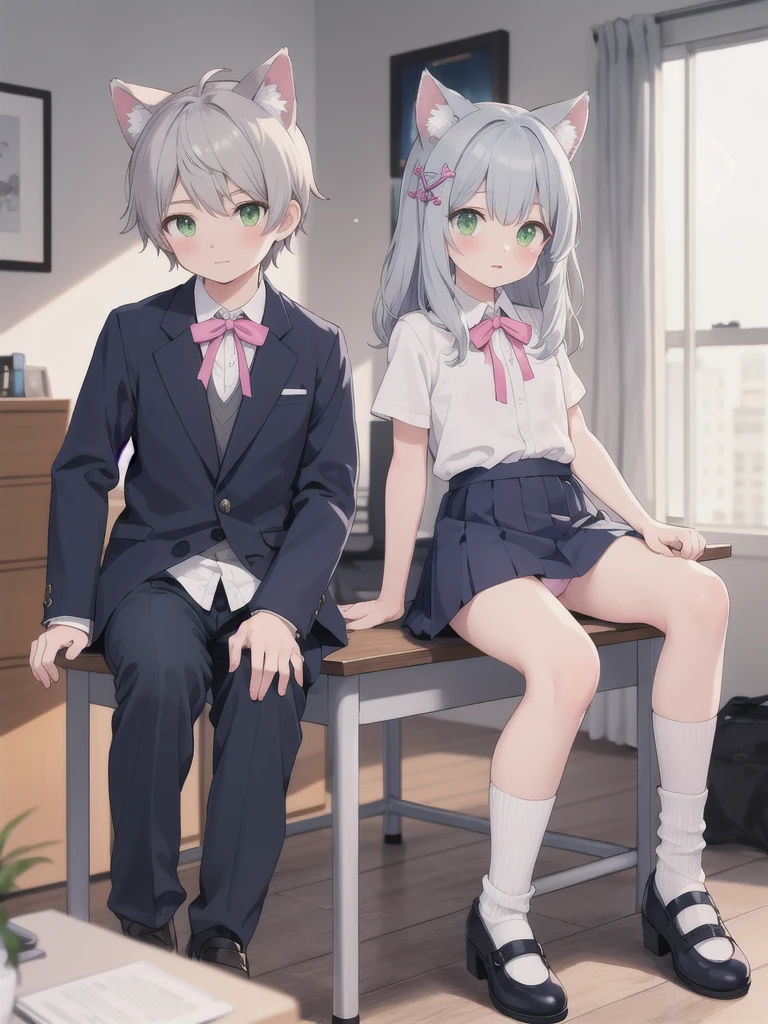 Highest quality,masterpiece,Green Eyes, Grey Hair, hair ornaments, Animal ears, Flat Chest,uniform,Navy Blue Blazer,White shirt,Pink ribbon,Grey Skirt,Pink Panties,White long socks,Black low heels,sitting on desk,1 Boy,1. Lift up a girl&#39;s skirt