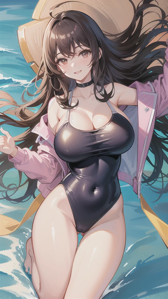 Highest quality, shape, Very detailed, In detail, High resolution, 8k wallpaper, Perfect dynamic composition, Beautiful details, Center of chest, Natural color lip, Random sexy poses,smile,20-year-old girl,Huge ,Woman with long curly brown hair wearing a shimmer one-piece swimsuit