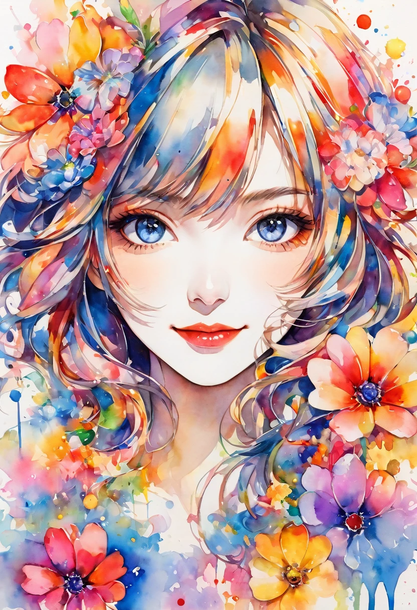 beautiful woman portrait, cute smile, Sylvia Pelissero watercolors, colorful flowers, beautiful eyes, upper body, abstract art, intense watercolor, watercolor detailed art, watercolor splash, surreal, avant-garde pop art, Beautiful and expressive paintings, Beautiful artwork illustration, very colorful tones, wonderful, cool beauty, highest quality, official art, women only, sharp outline, best shot, vector art, lips in love、 (((The strongest beautiful women of all time))), (((Japanese)))、clear, (((highest quality))), lips in love, HDR, ((Detailed details)), stylish fashion, detailed clothing texture, (((graffiti art))), colorful hair, ((masterpiece))、((Super detailed))