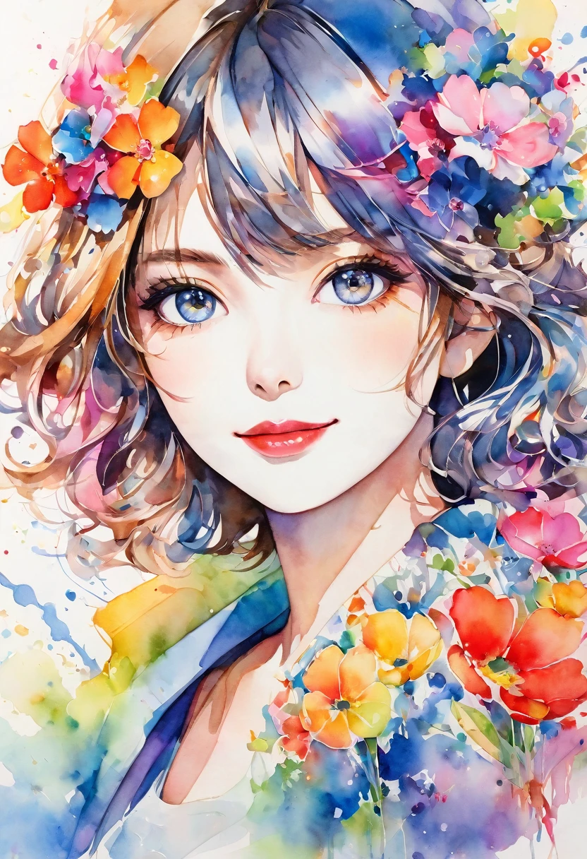 beautiful woman portrait, cute smile, Sylvia Pelissero watercolors, colorful flowers, beautiful eyes,  upper body, abstract art, intense watercolor, watercolor detailed art, watercolor splash, surreal, avant-garde pop art, Beautiful and expressive paintings, Beautiful artwork illustration, very colorful tones, wonderful, cool beauty, highest quality, official art, women only, sharp outline, best shot, vector art, lips in love、 (((The strongest beautiful women of all time))), (((Japanese)))、clear, (((highest quality))), lips in love, HDR, ((Detailed details)), stylish fashion, detailed clothing texture, (((graffiti art))), colorful hair, ((masterpiece))、((Super detailed))