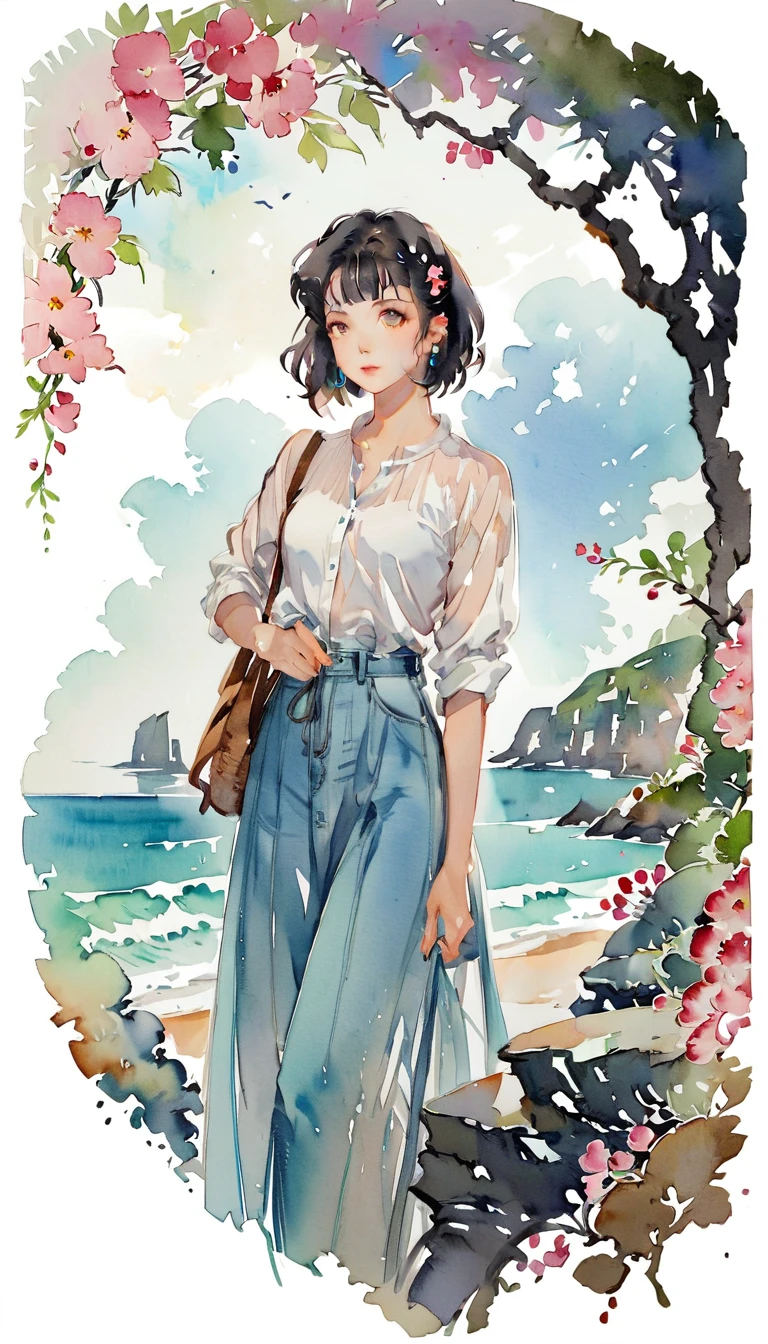 (((paper cutting style))), 1 girl, short black hair, straight hair, portfolio, shirts, denim, ocean and sky