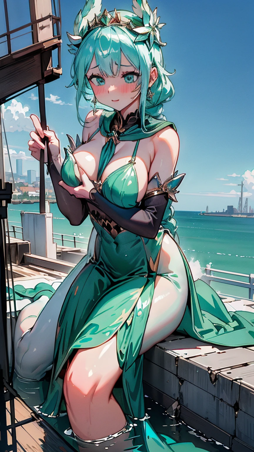 Amidst a bustling port city, seen from the docks, the sea-green Giantess Goddess with aquamarine eyes and a gown made of shimmering scales creates chaos. Ships and buildings crumble beneath her, and she scoops up sailors and citizens alike, their struggles against her moist, cool skin sending shivers of delight through her.