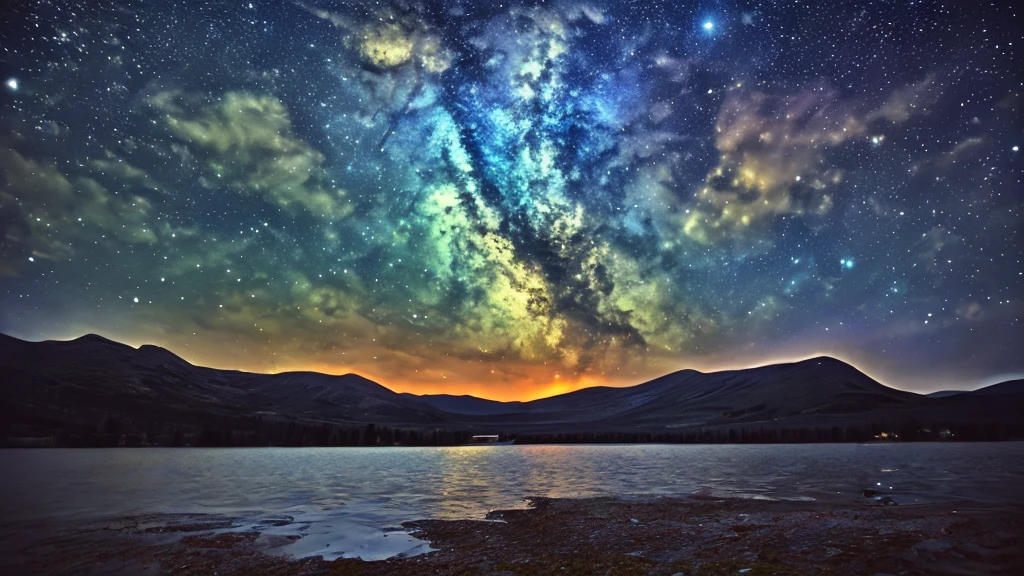((Highest quality)), ((masterpiece)), (detailed), Starry sky is the main thing、Large Lake、Overall dark
