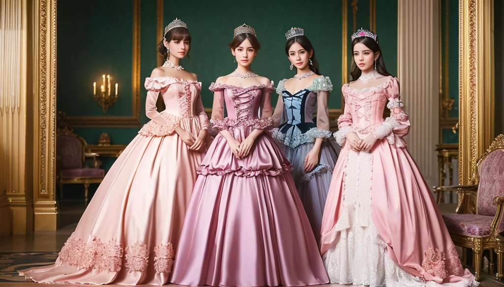 highest quality, masterpiece, highest resolution, artwork, super be familiar with, many detailed, detailed, be familiar with, young womans,(21 old),womans are princesses,Everyone wears a tiara on their head,((All are wearing pink Victorian dresses with voluminous, full-length hoop skirts.)),long sleeve,long dress,Dress with lots of frills and ribbons,luxury,inside the palace,satin fabric dress,