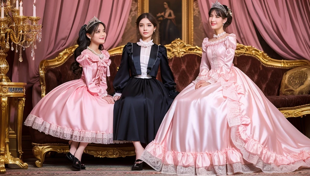 highest quality, masterpiece, highest resolution, artwork, super be familiar with, many detailed, detailed, be familiar with, young womans,(21 old),womans are princesses,Everyone wears a tiara on their head,((All are wearing pink Victorian dresses with voluminous, full-length hoop skirts.)),long sleeve,long dress,Dress with lots of frills and ribbons,luxury,inside the palace,satin fabric dress,