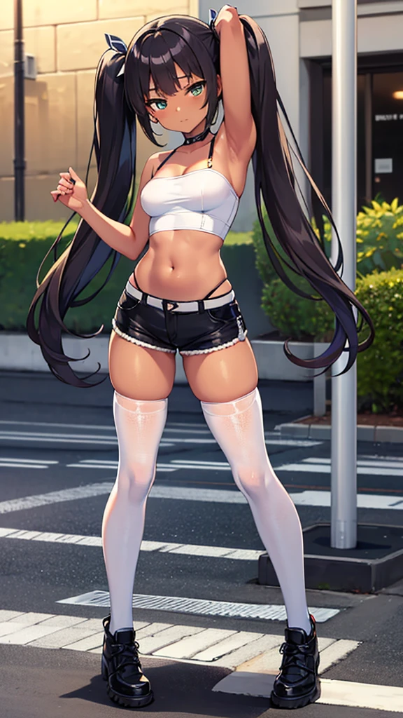 masterpiece, best quality, ultra detailed, 1girl, dark skin, twin tails, thighhighs, (micro short shorts), tube top, full body, street, medium breasts, armpit,