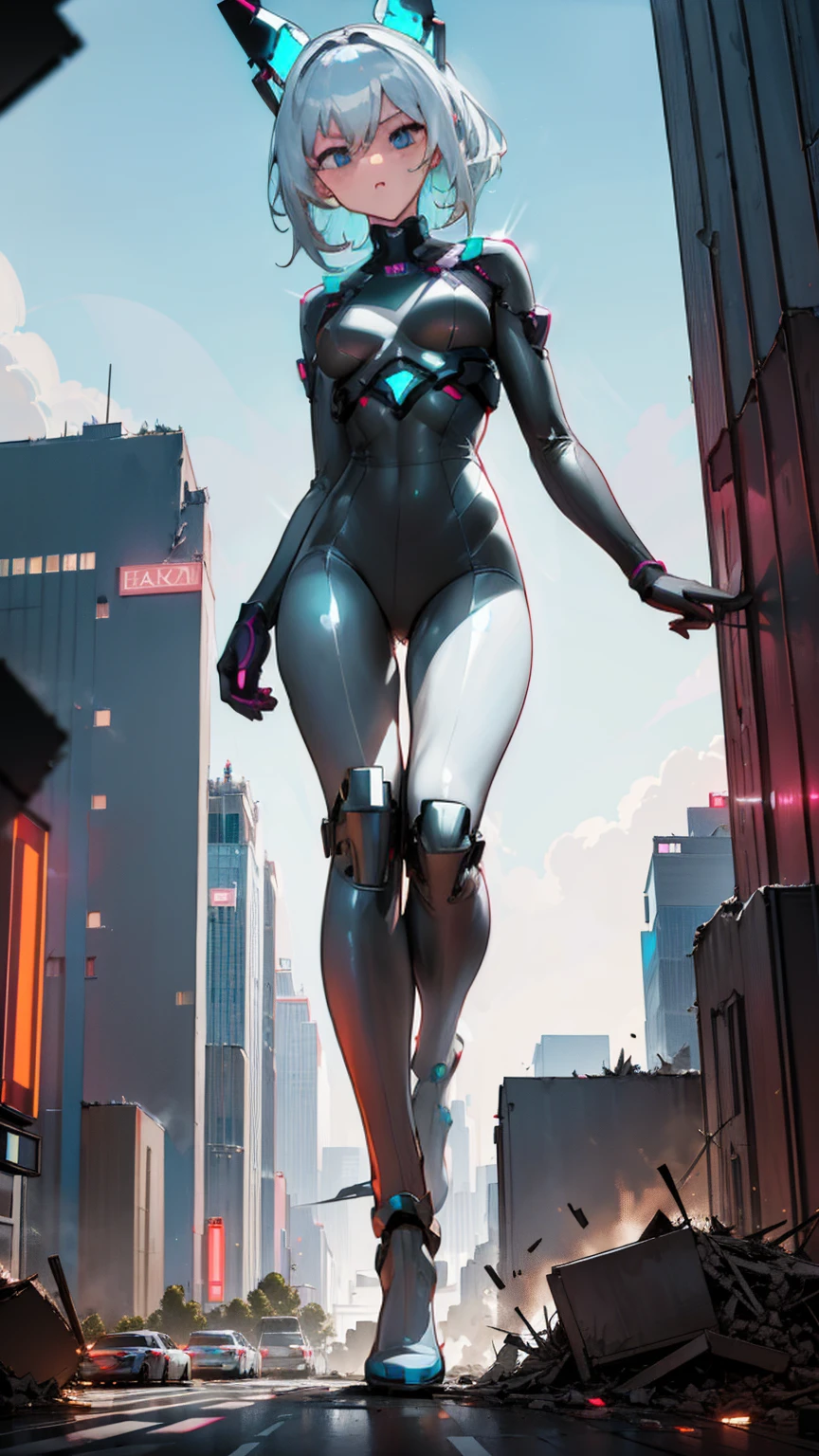 From a futuristic high-rise, the Giantess Goddess with sleek silver skin and neon-blue eyes towers over the city in a metallic bodysuit. Normal-sized humans flee in terror as she steps forward, each tremor causing buildings to collapse. She plucks people from the streets, savoring their panic and pain.

