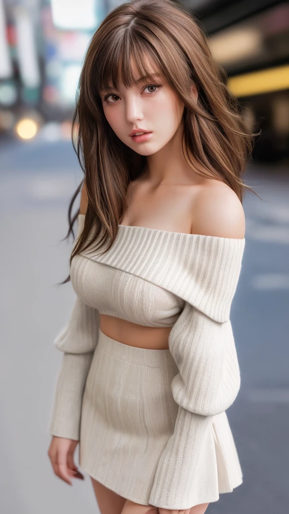Ultra-high resolution, Superior Quality, Highest quality, Super detailed, Realistic, 8K, RAW Photos, Highest quality, masterpiece, Attractive girl, A wonderful girl, Brown Hair, Shoulder-length layered, Asymmetrical bangs, Idol, Sophisticated, stylish, White off-shoulder knit, Shibuya Ward, Large Breasts,Micro Mini Skirt,