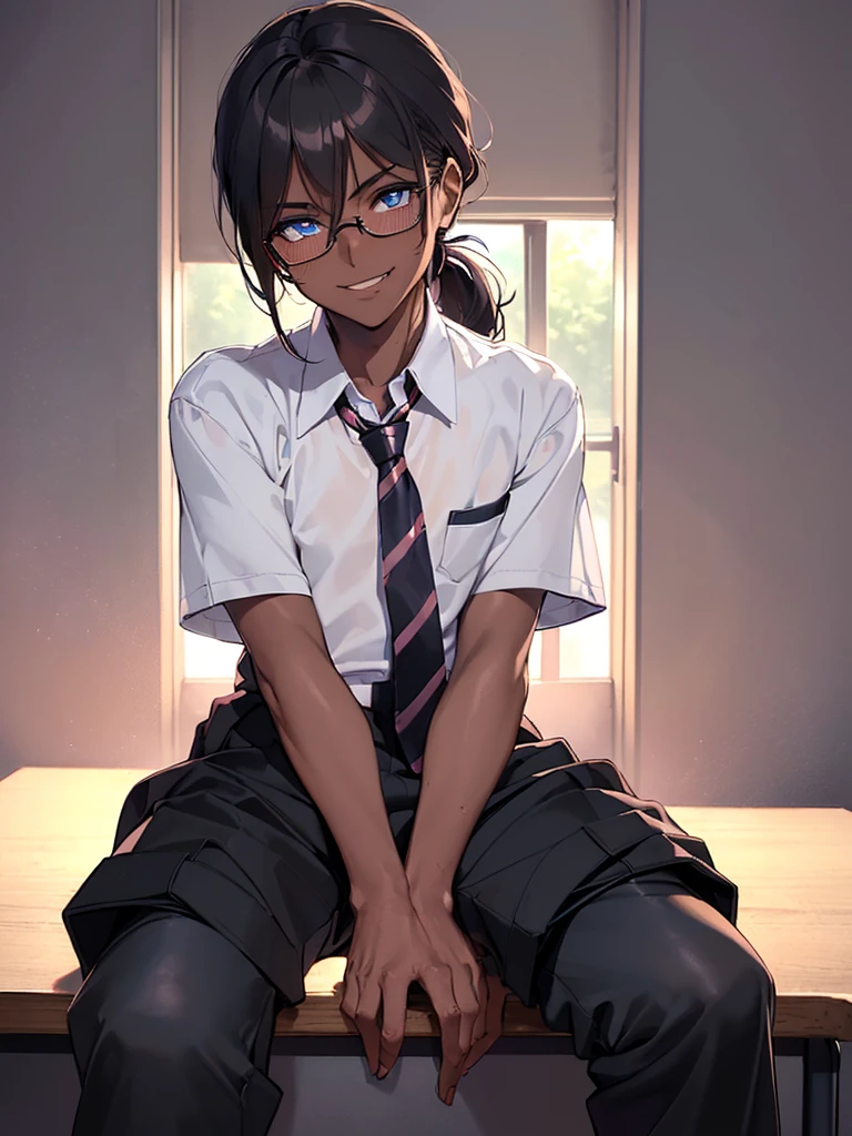 (1 girl solo),(dark skin:1.5),(masterpiece:1.2), highest quality, High resolution, unity 8k wallpaper, (fine and beautiful eyes:1.6), highly detailed face, perfect lighting, Detailed CG, (perfect hands, perfect anatomy),20 years old, (black hair:1.3), detailed eyes, best quality, extremely detailed, very precise detailed, (glasses:1.4), , (straight hair:1.5), (evil smile:1.2) ,long sidelocks, (blush:1.3),(sit on desk:1.3),(Put left knee in front:1.5),(boy's school uniform long pant:1.5),(loosen necktie:1.2),spread legs,bend knee,(open shirt:1.5),(short_sleeves shirt:1.3),(low ponytail),(blunt bangs:1.4), (greaming skin:1.3),(flat_chest:1.6), (oily skin:1.3),wide hips