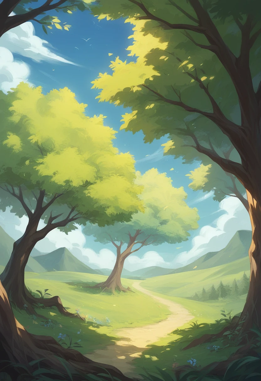 Create an image of a beautiful tree; in anime style, in the background of a blue sky with white clouds, the tree should be thick and have many branches, with green leaves and flowers, the tree should be in a natural position, not tilted, the sky should be in the background, and the tree should be in the center of the image, the image should be in 8k resolution, sharp, with vibrant colors, the background should be a little blurred, natural, with a warm golden glow behind the tree, the tree should be in a natural position, not tilted, towards the end of the picture, the sky should be in the background, and the tree should be in the center of the image,