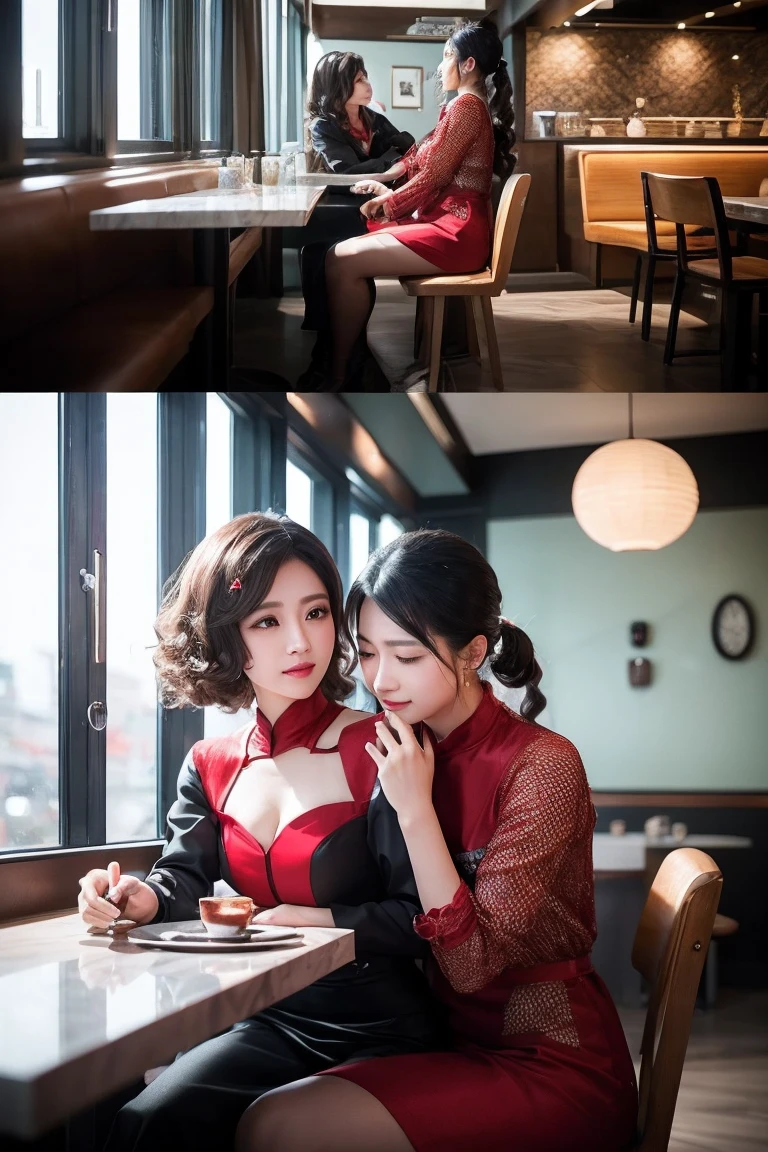With CrystalSense technology and AI Quantum Reality Technology. A super realistic professional photography, real life Indonesian couple with beautiful eyes, curly eyelashes, sharp nose, red lips, perfectly groomed skin, wearing random anime cosplay clothes, in a cafe with an aesthetic interior design with bright light. soothe the view. The sharpest, clearest images - performance from today's most advanced video rendering technology