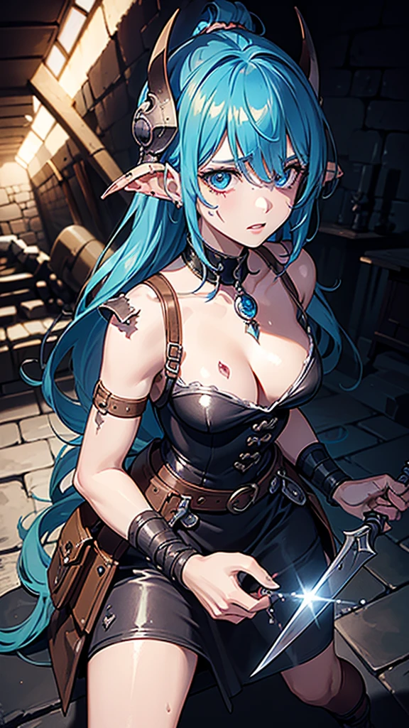 (masterpiece), best quality, scared eyes, scared face, (adventure girls), armor destroyed,ripped clothes, (broken sword in hand),  messy colorful strained hair,(wearing  destroyed helmet), cleavage, (strong shiny blue colord eyes), (out of breath, profusely sweating), detailed expressive thight clothes, running, (((background: dungeon filled with monster ))), no shoes, ((depp bleeding wounds on body)), (((shiny clothes))) (((detailed shadows))) ((detailed hair,eyes, smooth skin))), ultra-detailed, stunning art, illustration, wallpaper,