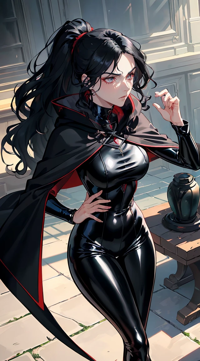handsome older WOMAN,crimson-eyes,crimson pupils,Long black hair,Hyperresolution,accuracy,Detailed rendering,(Subtle facial image)(Image of fine hair)(topquality)(Masterpieces of masters)(High degree of completeness)(A sense of atmosphere)tmasterpiece,Super detailed and super detailed(portrait), long wavy black hair, (((tHICK WAVY HAIR)))(((ANKLE LENGTH HAIR))) (((Sakimichan))) (((black hair))) (((Latex black fight outfit))) (((Hair in ponytail))) (((skinny))) (((Latex black fight suit)))(((Stoic expression)))(((Black cloak)))