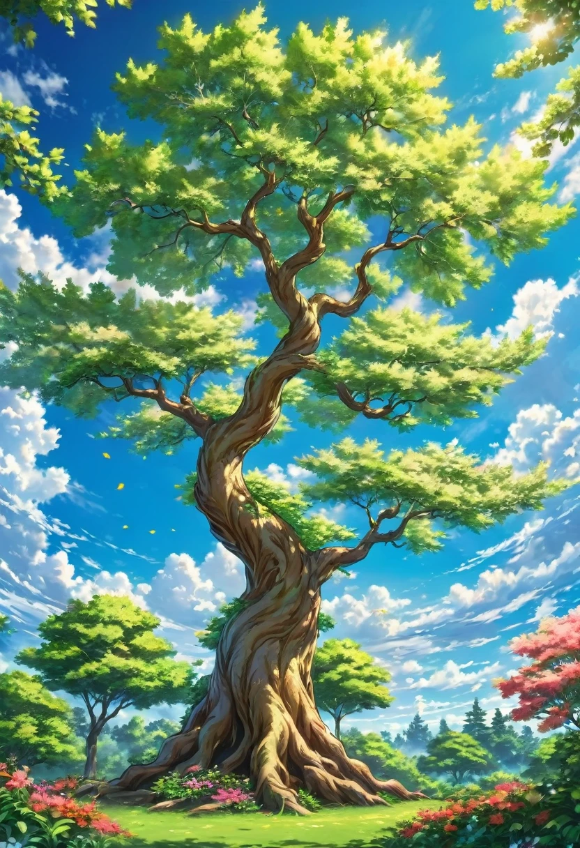 Create an image of a beautiful tree; in anime style, in the background of a blue sky with white clouds, the tree should be thick and have many branches, with green leaves and flowers, the tree should be in a natural position, not tilted, the sky should be in the background, and the tree should be in the center of the image, the image should be in 8k resolution, sharp, with vibrant colors, the background should be a little blurred, natural, with a warm golden glow behind the tree, the tree should be in a natural position, not tilted, towards the end of the picture, the sky should be in the background, and the tree should be in the center of the image,