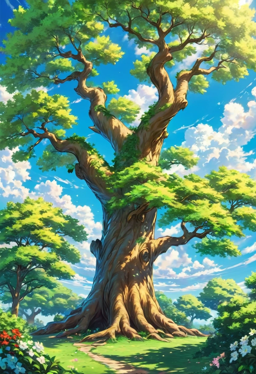 Create an image of a beautiful tree; in anime style, in the background of a blue sky with white clouds, the tree should be thick and have many branches, with green leaves and flowers, the tree should be in a natural position, not tilted, the sky should be in the background, and the tree should be in the center of the image, the image should be in 8k resolution, sharp, with vibrant colors, the background should be a little blurred, natural, with a warm golden glow behind the tree, the tree should be in a natural position, not tilted, towards the end of the picture, the sky should be in the background, and the tree should be in the center of the image,