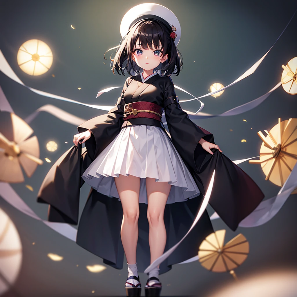 (Japanese style),one piece,mini skirt,Lolita Fashion,Cute little ,Tiny ,Small girl,,Childish face, Very fine clean face,Top quality,Black Hair,(Dark Room), Subtle light, Natural light,Soft lighting,Light from directly behind, (Are standing),With bust up,Front view,Black background
