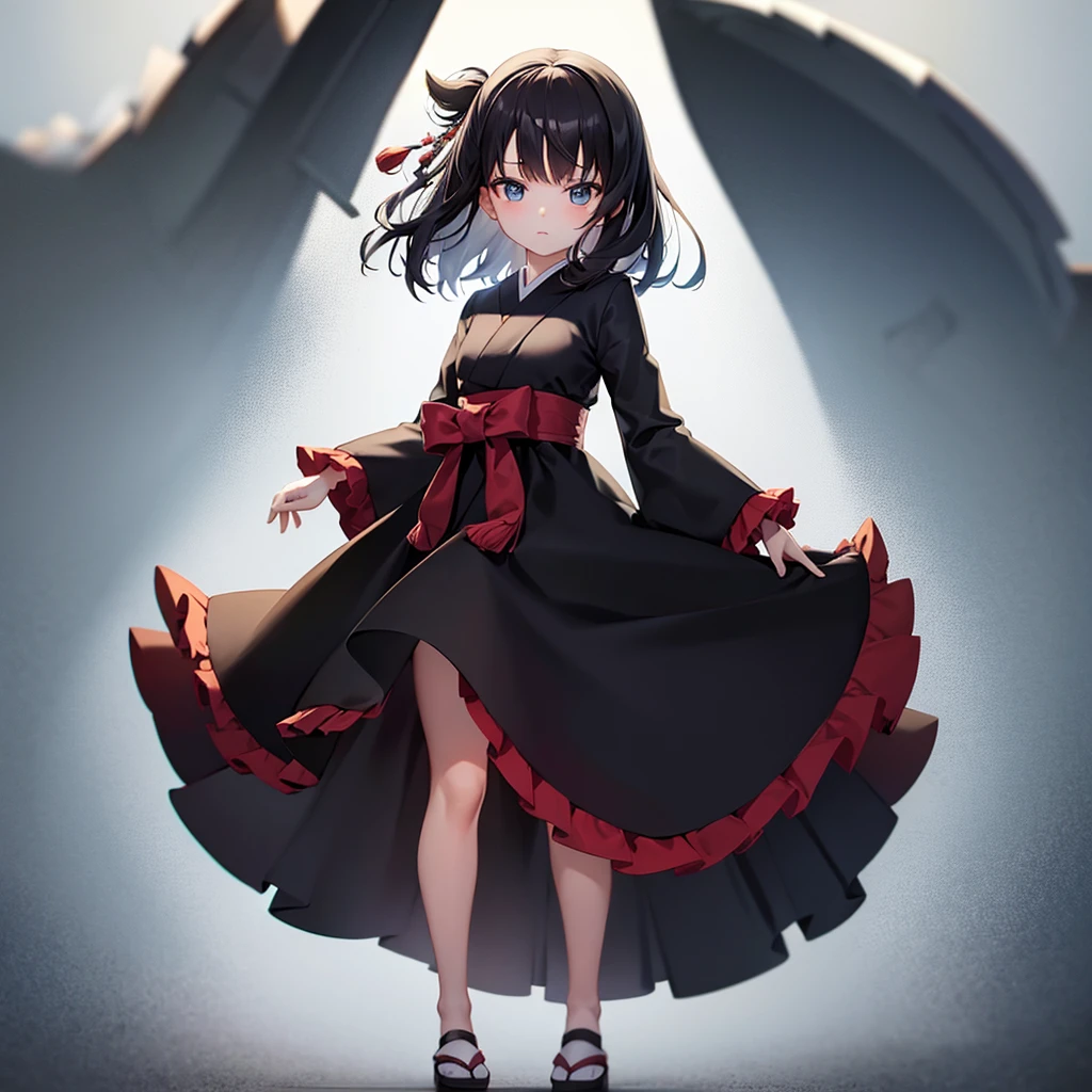 (Japanese style),one piece,mini skirt,Lolita Fashion,Cute little ,Tiny , girl,,Childish face, Very fine clean face,Top quality,Black Hair,(Dark Room), Subtle light, Natural light,Soft lighting,Light from directly behind, (Are standing),With bust up,Front view,Black background
