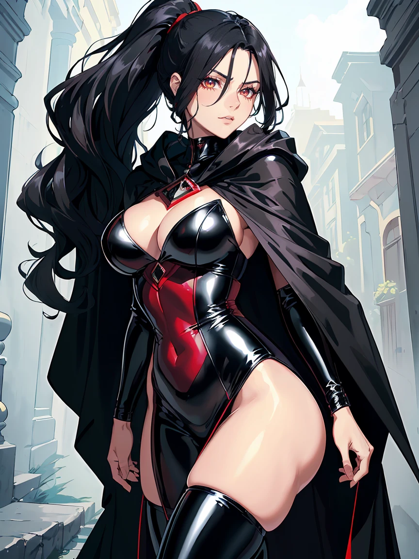 handsome older WOMAN,crimson-eyes,crimson pupils,Long black hair,Hyperresolution,accuracy,Detailed rendering,(Subtle facial image)(Image of fine hair)(topquality)(Masterpieces of masters)(High degree of completeness)(A sense of atmosphere)tmasterpiece,Super detailed and super detailed(portrait), long wavy black hair, (((tHICK WAVY HAIR)))(((ANKLE LENGTH HAIR))) (((Sakimichan))) (((black hair))) (((Latex black fight outfit))) (((Hair in ponytail))) (((skinny))) (((Latex black fight suit)))(((Stoic expression)))(((Black cloak)))