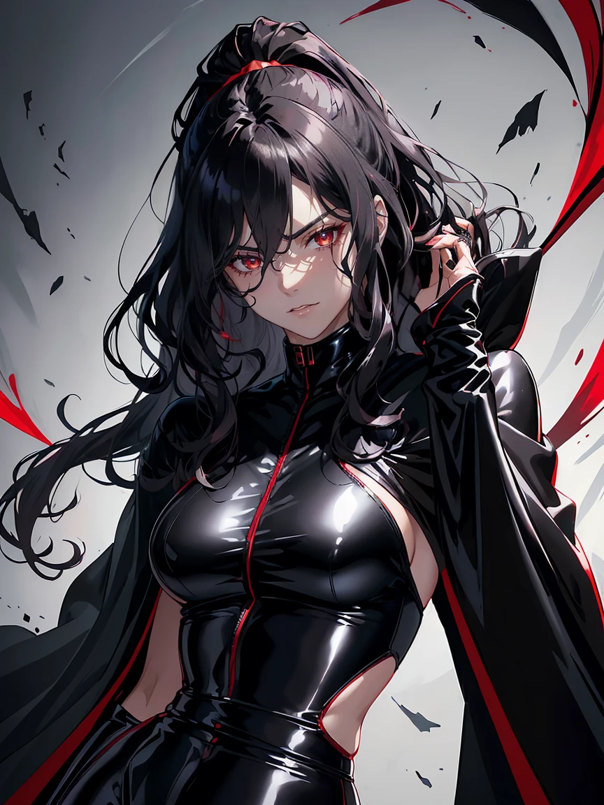 handsome older WOMAN,crimson-eyes,crimson pupils,Long black hair,Hyperresolution,accuracy,Detailed rendering,(Subtle facial image)(Image of fine hair)(topquality)(Masterpieces of masters)(High degree of completeness)(A sense of atmosphere)tmasterpiece,Super detailed and super detailed(portrait), long wavy black hair, (((tHICK WAVY HAIR)))(((ANKLE LENGTH HAIR))) (((Sakimichan))) (((black hair))) (((Latex black fight outfit))) (((Hair in ponytail))) (((skinny))) (((Latex black fight suit)))(((Stoic expression)))(((Black cloak)))