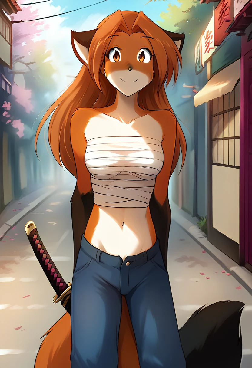 score_9, score_8_up, score_7_up, score_6_up, score_5_up, score_4_up, rating_explicit, source_furry, female, cute anthro female, cute face, detailed background, looking at viewer, solo, solo focus, (digital pen line-art, soft lines, soft shading, pinup, cartoon, anime:1.2), tklaura, keidran, fox, (bandaged breasts:1.2), (red saggy pants:1.2), japan, midriff, smile, katana, sakura, small breasts
