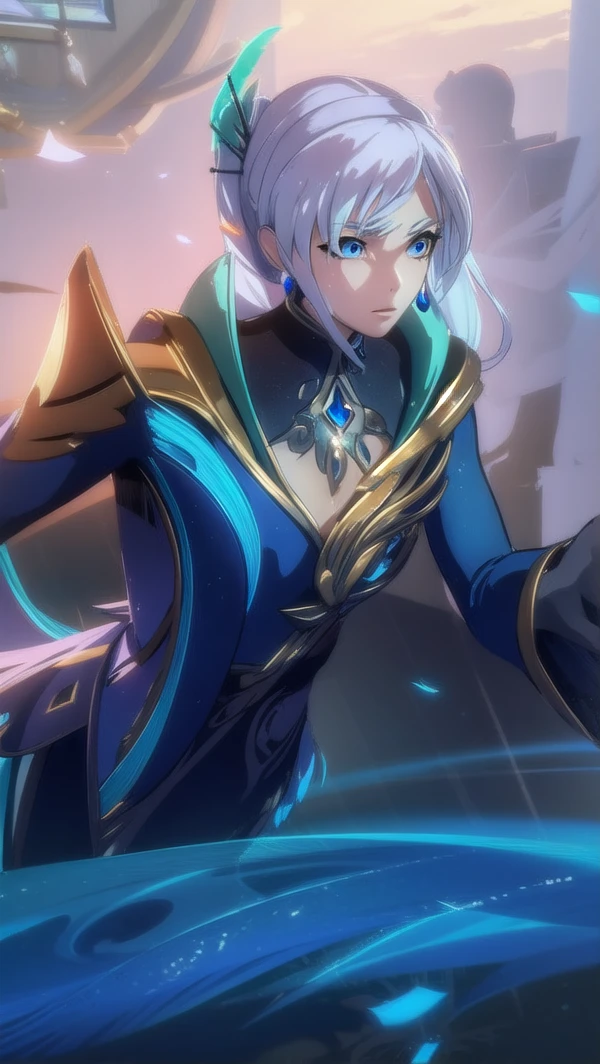 weissschnee, weiss schnee, long hair, blue eyes, hair ornament, ponytail, white hair, side ponytail, scar, tiara, scar on face, scar across eye,
BREAK dress, jewelry, earrings, blue dress,
BREAK indoors,
BREAK looking at viewer, (cowboy shot:1.5),
BREAK (masterpiece:1.2), best quality, high resolution, unity 8k wallpaper, (illustration:0.8), (beautiful detailed eyes:1.6), extremely detailed face, perfect lighting, extremely detailed CG, (perfect hands, perfect anatomy),