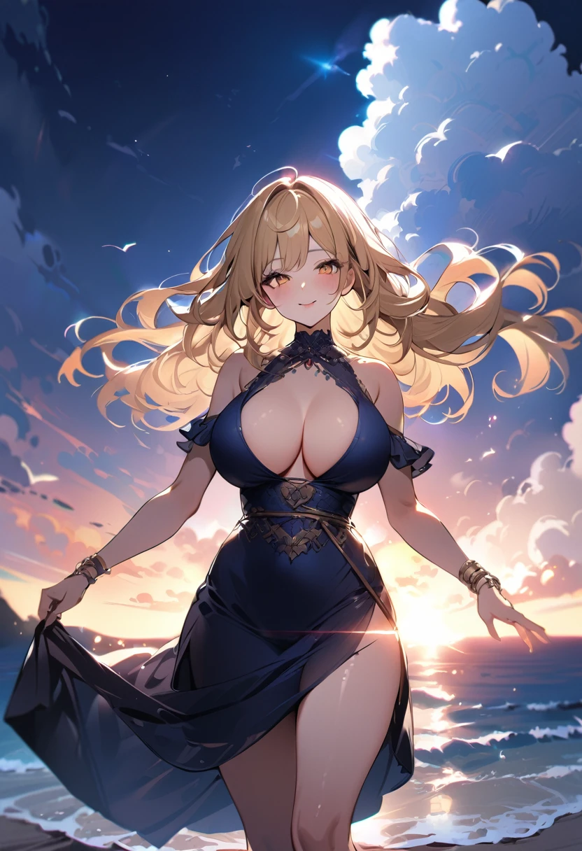 1 lady, 20 years old, blonde hair, long hair, wavy hair, light brown eyes, huge breasts,
BREAK (masterpiece), (high resolution 8K), cinematic lighting, professional lighting, detailed eyes and face, detailed body, 
BREAK　A beautiful  woman stands at the end of a wooden jetty, her gaze pensive as she looks out over the calm, azure sea. She’s wearing a sleek, navy blue bikini that contrasts elegantly with the light wood and the clear blue water. Her hands are lightly clasped in front of her, and her posture is relaxed yet composed. The camera captures her from a medium distance, allowing the length of the jetty and the vast ocean to frame her thoughtfully, emphasizing a moment of solitude and reflection