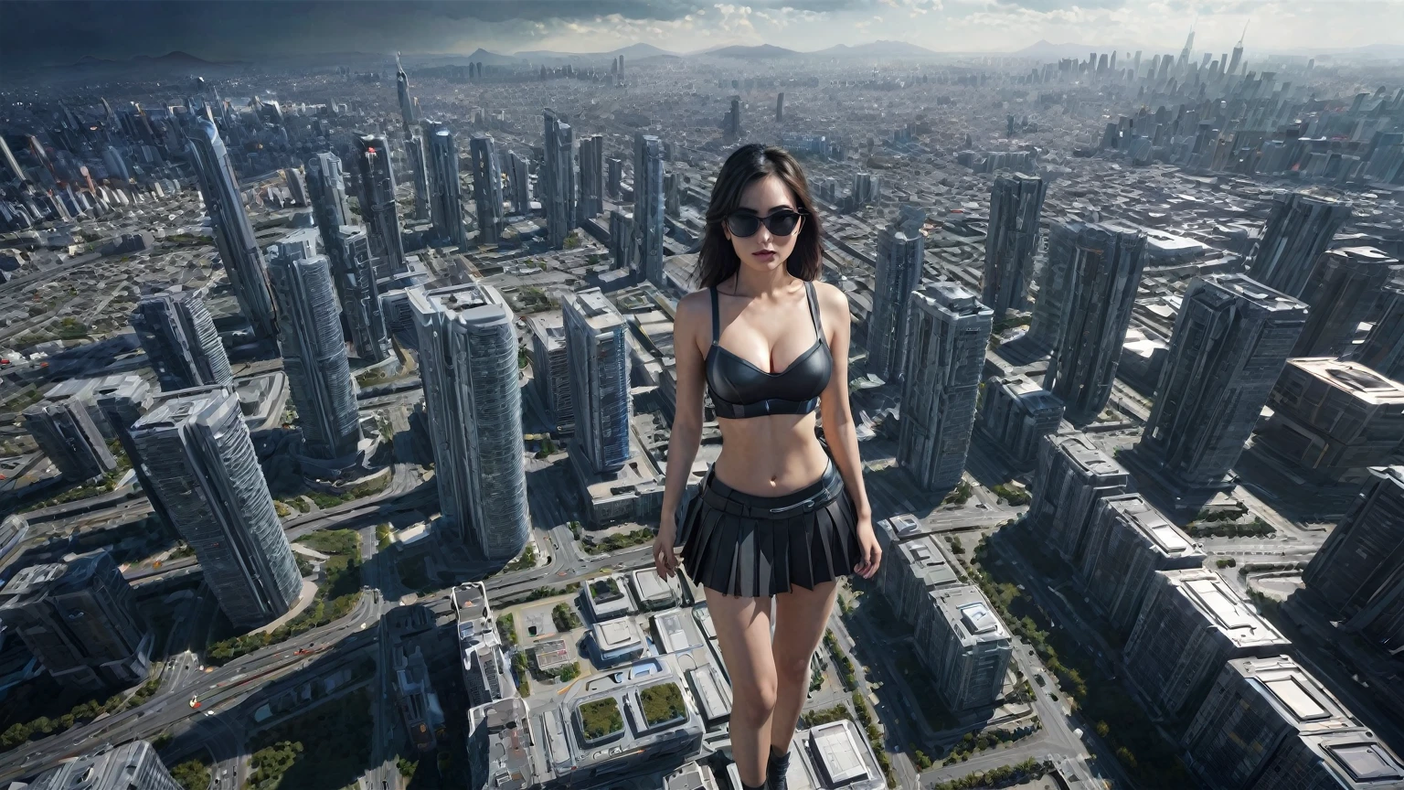 UE 5, computer render, Rendered by Octane, (8K, tmasterpiece), (realistically, Photo degree:1) luminescent concept art, (((((aerial view))))) of Cyberpunk city scene, ((Surreal circuit architecture)), (((((supercars street racing, 1 drone))))). Matrix style, (((((Matrix cascading code))))), (((((a futuristic twin tower skyscraper with a unique twisted design))))), (((((OLED GUI interfaces in the building))))), at night, (((((1girl, solo))))), photo realistic, (((large-breast:1.3 slim body, cleavage))), (((off torn mini matrix-code sling-shirt and black sling bra, extreamly short pleated matrix-code miniskirt exposing panty))), (((((running pose))))), (((((((matrix style black micro sunglasses))))))), ((((((((((aiming with a short gun)))))))))), (((((looking at camera))))), (((very low view))), (((((half-body thigh level medium shot))))), (((cinematic lighting))).