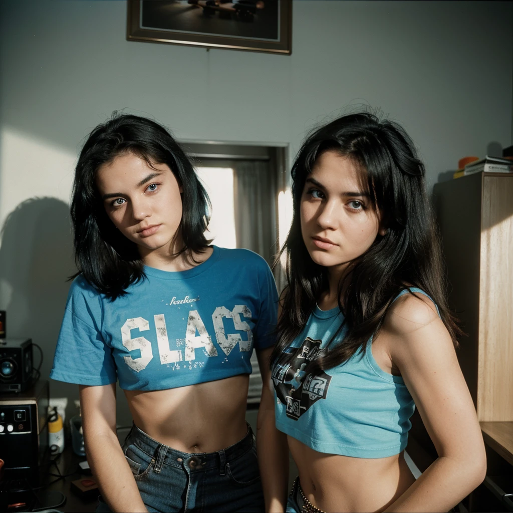 1980s Kodak photo of a young 25 year old rock girl with black
hair , blue eyes wearing metal t-shirt, at home, photography by nan goldin, faded, film grain, cross processed image