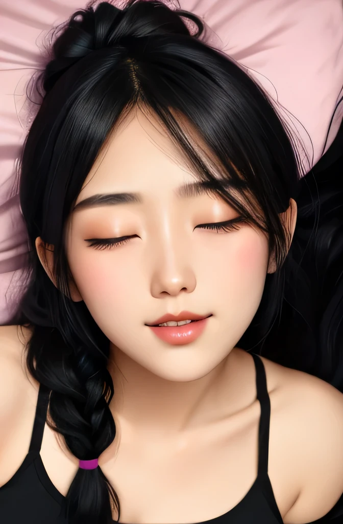 Sexy and cute girl, black hair tied in a braid, seductive gaze, blushing intensely, pink lips parted, long neck, oversized purple t shirt, bare shoulders, medium chest, cleavage, lying on bed
