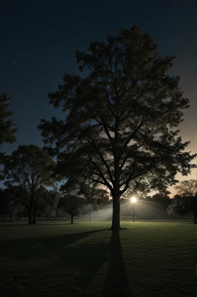 Image of an old tree in a park at night. The tree should be large and somewhat gnarled, with a mysterious and slightly eerie atmosphere. Moonlight and shadows should play across the scene.