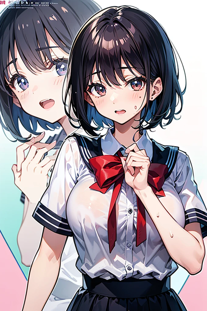 (intricate and super detailed anime style cute illustration),black hair,short hair,short sleeves school blezer uniform,big breasts,
open mouth,sweat,hyper cute,idol magazine cover,