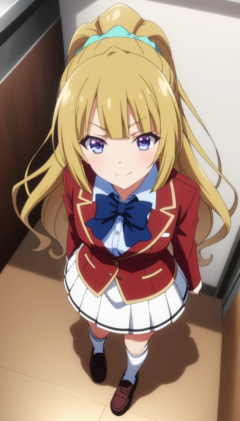 masterpiece, best quality, highres, ponytail hair, (single braid:1.2), hair ribbon, red blazer,buttoned blazer, blue bowtie, long sleeves, white skirt,knee socks,leather shoes,standing ,serious smile, looking below, from above, background cafe shop,score_9, score_8_up, score_7_up, score_6_up,source_anime