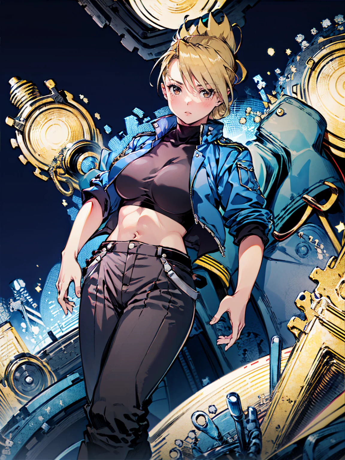 masterpiece, Highest quality, High resolution, One girl, (Blue jacketの下にBlack innerwearを着ている), Folded ponytail, Brown eyes, , uniform, Blue jacket, Blue pants, ,Big Breasts, Black innerwear, (