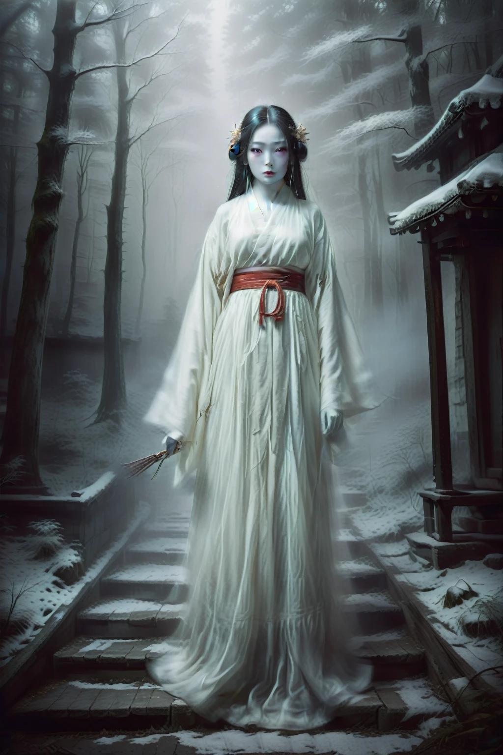 Create a highly realistic and eerie depiction of the Yuki-onna (Snow Woman), a popular and terrifying yokai from Japanese folklore. The Yuki-onna should appear as a beautiful yet ghostly woman with pale, almost translucent skin and long, flowing black hair. Her expression is cold and haunting, with piercing, icy blue eyes that seem to penetrate the soul. She is dressed in a traditional white kimono that blends with the snowy environment around her. The background should be a dark, snow-covered forest with a thick, eerie mist that adds to the unsettling atmosphere. The overall image should evoke a sense of fear and unease, capturing the chilling essence of this legendary yokai.