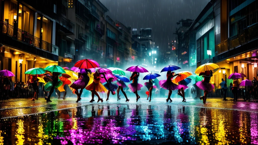 (A close-up of a dancer), (dancing dynamically in the rain), (capturing mid-motion with energy and fluidity), (raindrops on their face and hair), (joyful and expressive face), (wet clothes clinging to their body), (dramatic and powerful pose), (urban night setting), (colorful bokeh lights), (wet pavement reflecting lights), (dramatic lighting highlighting raindrops and movement), (rain creating ripples around their feet)
