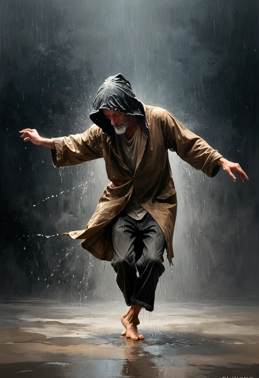 Soul Dancer Mark,A homeless man dancing alone in the rain，soul，Barefoot，Loose and worn clothes，Professional ballet movements，Fingertips 1 butterfly，Very contagious，Splash，Light and Shadow，Minimalism，artistic conception，Clean background