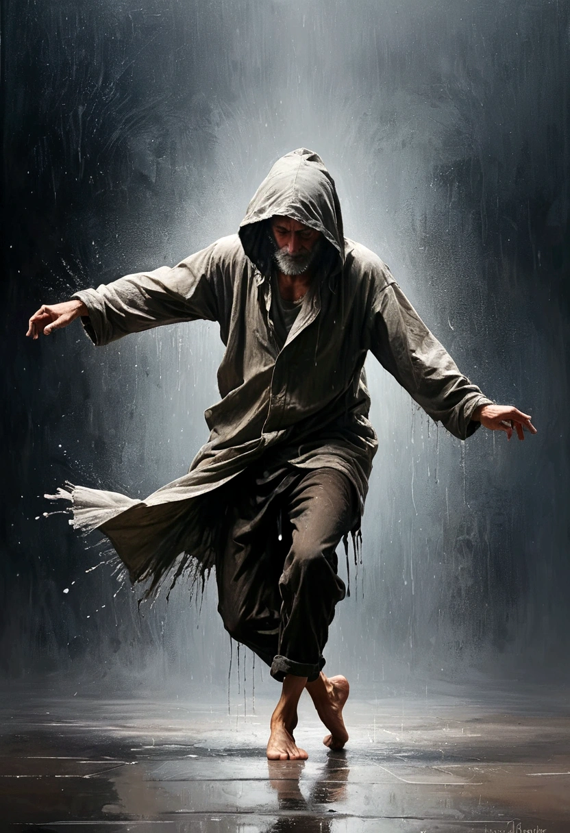 Soul Dancer Mark,A homeless man dancing alone in the rain，Barefoot，Loose and worn clothes，Professional ballet movements，Very contagious，Splash，Light and Shadow，Minimalism，artistic conception，Clean background