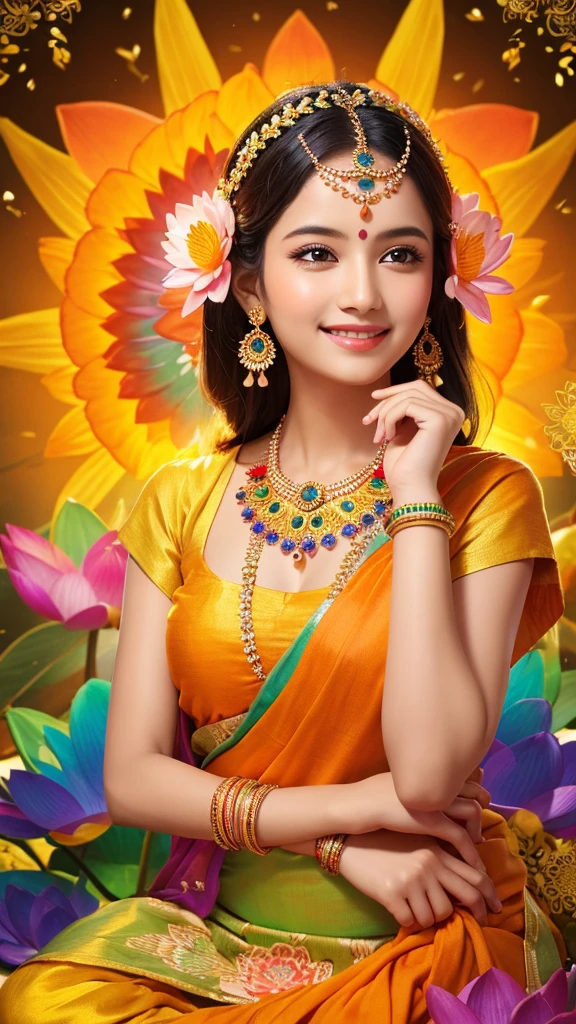 Indian goddess in rainbow dress with orange and yellow lotus flower background, mysterious, calm expression, smile, sparkling eyes