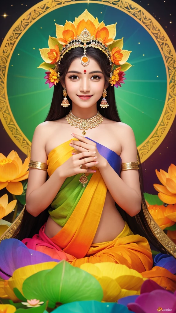 Indian goddess in rainbow dress with orange and yellow lotus flower background, mysterious, calm expression, smile, sparkling eyes