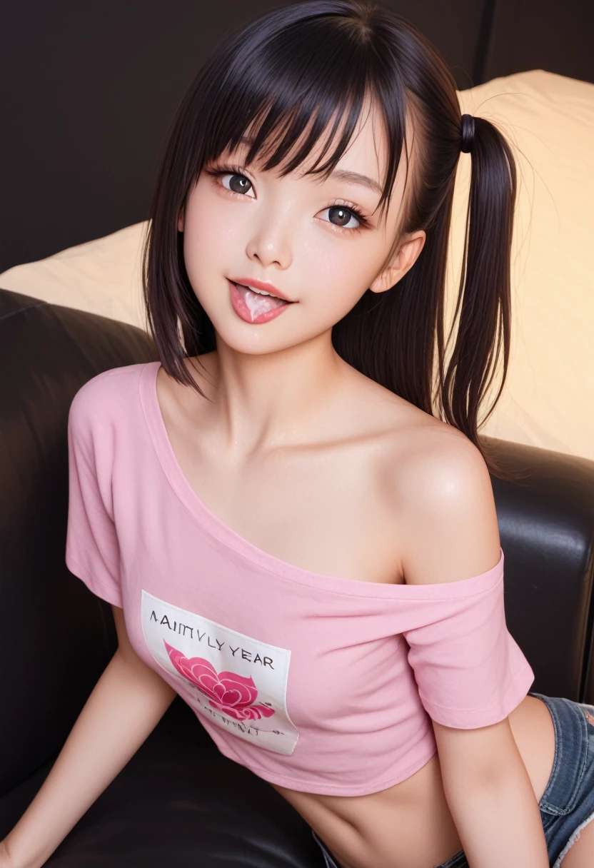 ollarbone,pink t-shirt,off-shoulder look,bare shoulder,midriff peek,micro shorts,open mouth,tongue out,cum on tongue,Black sofa,sit,looking ahead,from above,flont view,upper body,(1girl,Beautiful 14 year old girl),((Slender,Small breasts,Small face,)),looking at viewer,Black Hair,bangs,one side up,Beautiful and detailed,Mischievous smile,Dimly lit room,Simple Background,Black background,Low lighting
