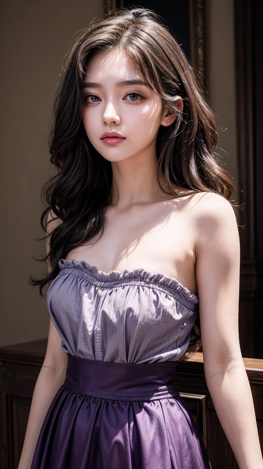 detailed background, masterpiece, best quality, 1 person , curly hair, long hair, purple eyes, star in eye , peach Strapless blouse, long skirt, cute different poses, indoor wood furniture ,light wood color,, upper body
