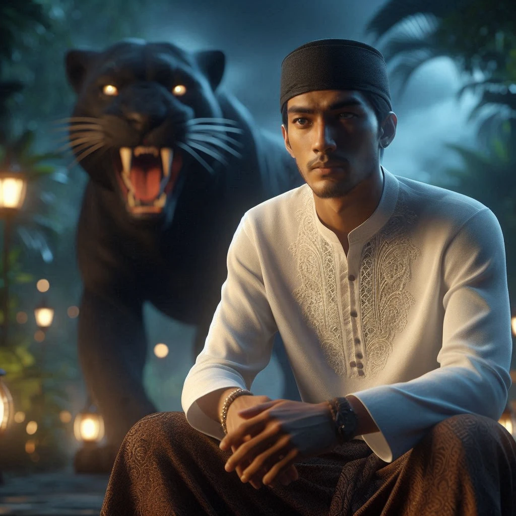 arafed man sitting on a rock with a black panther in the background, inspired by Rudy Siswanto, dramatic portraiture of namenlos, by Rudy Siswanto, dramatic portraiture of uuen, ‘raya and the last dragon’ etc, matte painting portrait shot, by Basuki Abdullah, realism art, by Abidin Dino