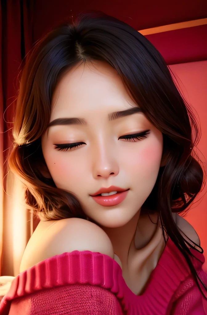 Sexy woman, eyes closed, mouth open, very deep blush, tip of the nose is red, long neck, off shoulder pink sweater, medium chest, visible cleavage, bedroom, warm lighting ,in bed