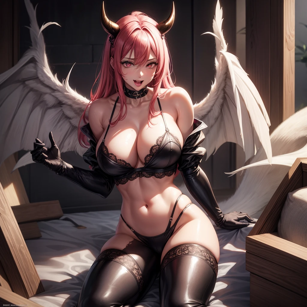 Mature curvaceous Neko demon, solo, leather bra, leather pants, red eyes, red and black demon wings.          Smile, fangs [facial], [handjob] [penis] ★ Ahegao (fucking idiot/[sexual ecstasy]) Ahe Face [double-sided orgasm, peak hot and provocative facial expressions.       Insert your penis quickly into your vagina.      The ruined cross-eyes squinted.      Empty eyes, drunken eyes... all squinting.      recommend.      Open mouth, tongue sticking out to lick the dripping melted ice cream, eyes with dark circles and unfading pupils, (Masterpiece, Best Quality: 1.2), silly smile, red hair, shiny skin, cleavage, wet Skin, huge breasts, eye contact, long hair, angled angles, moody lighting, provocative poses, dim lighting, super pretty shining eyes, shy expression, big breasts showing careful nipples and cleavage.         (((Dark brown skin))) The shirt is torn, nipples and belly button, there is a hint of pink on the top of the head, the muscles are strong, wearing a skin-colored kimono with high slits, the slits are adjusted to thigh length, the legs are spread, carefully not wearing Panties, lots of white juice, wet all over, charming, spaghetti straps, short-waisted T-shirt, big breasts, cleavage exposed.  Nipples, navel, tanned skin, pink hair, long straight hair, pixie cut, cosplay, late night, wet (underwear), super careful no panties, legs spread.             Sitting with legs spread apart, M-shaped legs, no underwear on, and a large amount of viscous white liquid oozing out from one side of the thigh.    (Detailed Background), Perfect Layered Cut, (Full Body Shot/Cowboy Shot/Side View), 8K, Gorgeous Lips, (Masterpiece), (Best Quality), (Ultra Detailed), ((Sexy; 1.5 )) Very beautiful, illustrations, perfect composition, intricate details, ridiculous, detailed faces, (anime, masterpiece, complex: 1.3), (best quality, hired textures, high details: 1.2), (4k), ( Extreme details: 1.4)