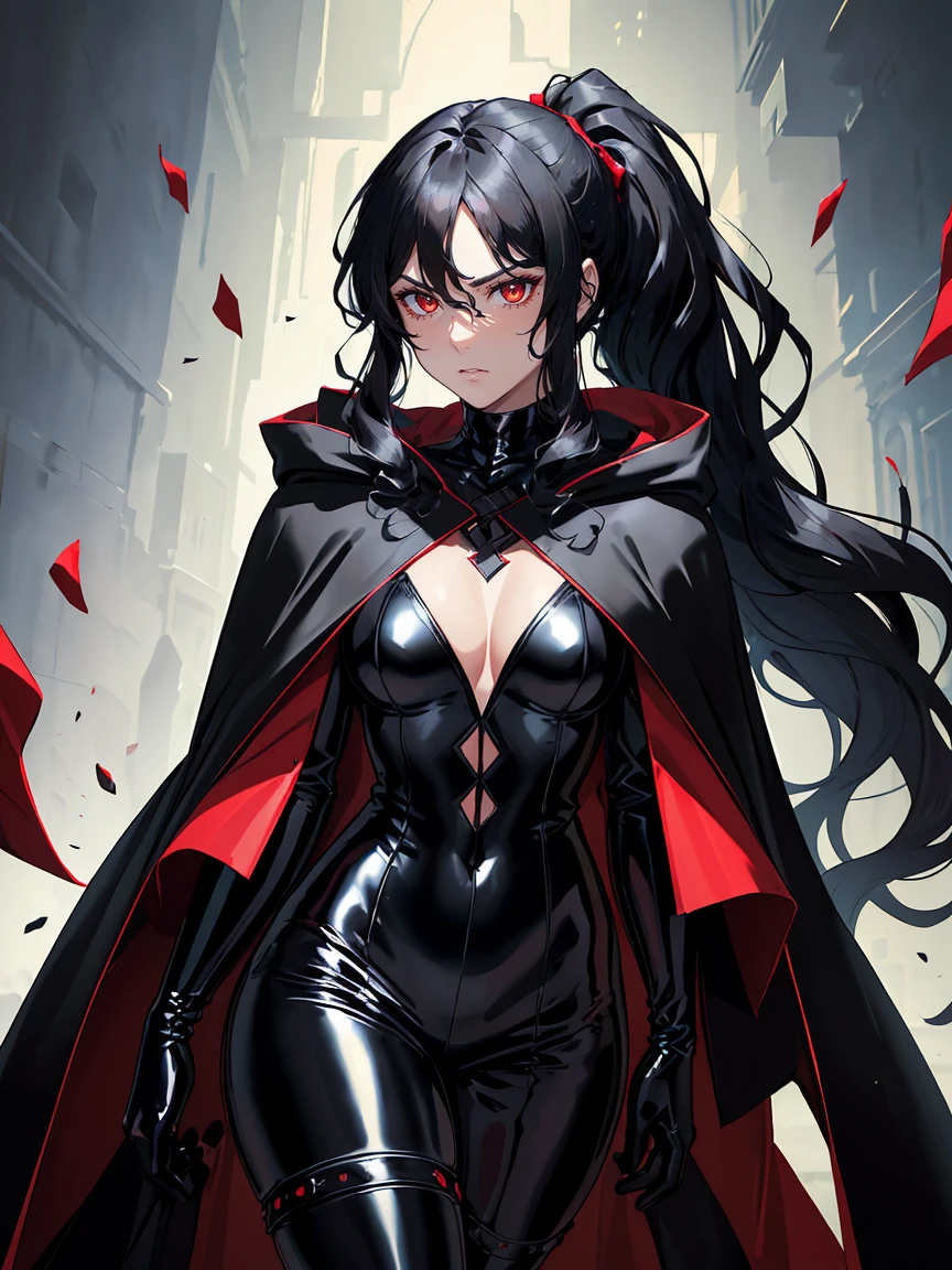 handsome older WOMAN,crimson-eyes,crimson pupils,Long black hair,Hyperresolution,accuracy,Detailed rendering,(Subtle facial image)(Image of fine hair)(topquality)(Masterpieces of masters)(High degree of completeness)(A sense of atmosphere)tmasterpiece,Super detailed and super detailed(portrait), long wavy black hair, (((tHICK WAVY HAIR)))(((ANKLE LENGTH HAIR))) (((Sakimichan))) (((black hair))) (((Latex black fight outfit))) (((Hair in ponytail))) (((skinny))) (((Latex black fight suit)))(((Stoic expression)))(((Black cloak)))